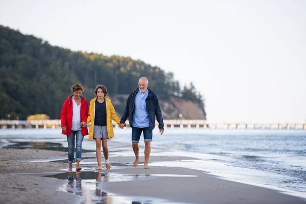 Älteres Paar hält Hand in Hand mit seiner Enkelin und geht am Sandstrand spazieren. — Stockfoto