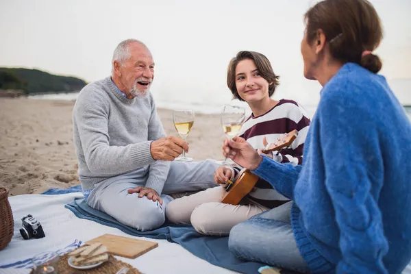 Happy senior couple with granddaughter sitting on blanket and having picnic outdoors on beach by sea. — Stock Photo, Image