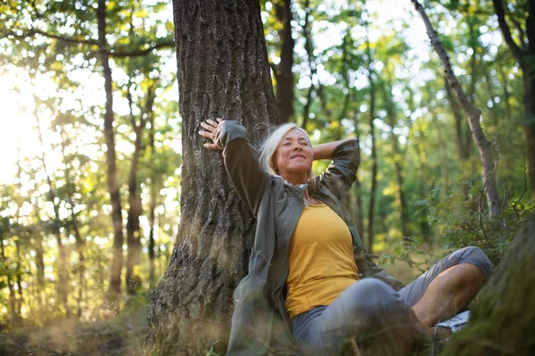 Portrait de femme âgée relaxante et assise les yeux fermés à l'extérieur dans la forêt. — Photo