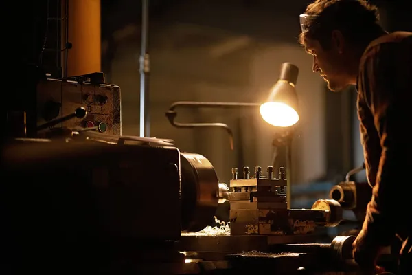 Hombre industrial trabajando en interiores en taller de metal por la noche. — Foto de Stock