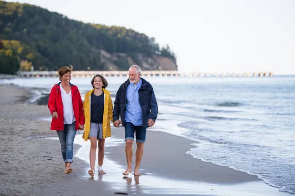Älteres Paar hält Hand in Hand mit seiner Enkelin und geht am Sandstrand spazieren. — Stockfoto