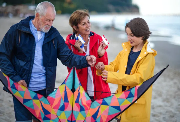 Abuelos con niña preadolescente preparando cometa para volar en la playa de arena. —  Fotos de Stock