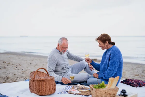 Glückliches älteres verliebtes Paar sitzt auf einer Decke und picknickt draußen am Strand am Meer. — Stockfoto