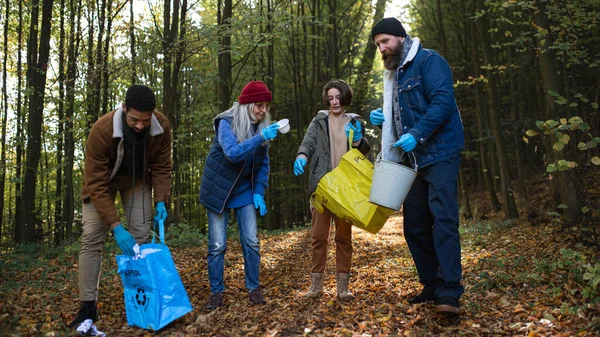 Diverso grupo de voluntarios felices limpiando el bosque de desechos, concepto de servicio comunitario. —  Fotos de Stock
