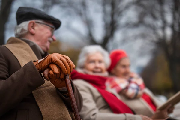 Группа счастливых старших друзей, сидящих на скамейке в городском парке осенью, сосредоточиться на мужчин руки в перчатках — стоковое фото