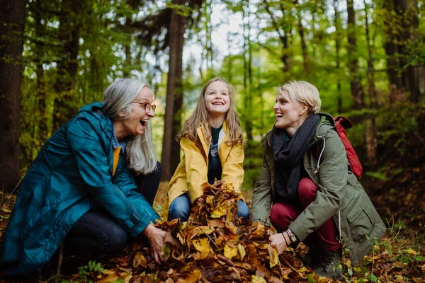 Happy little girl with mother and grandmother having fun with leaves during autumn walk in forest — Stock Photo, Image