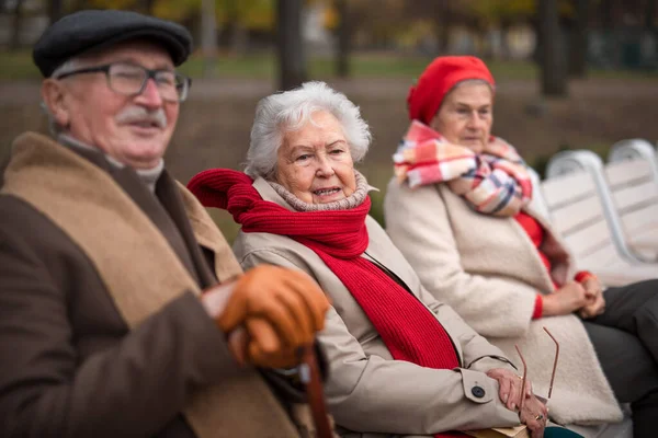 Grupp glada äldre vänner sitter på bänk i stadsparken i höst, tittar på kameran. — Stockfoto