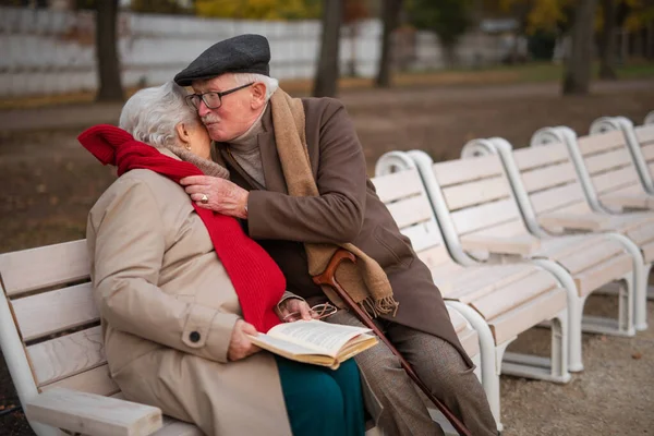 Happy senior couple sitting on bench and hugging outdoors in town park in autumn. — Stock Fotó