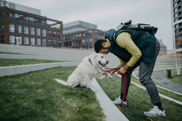 Vue latérale du jeune homme heureux dressant son chien à l'extérieur en ville. — Photo
