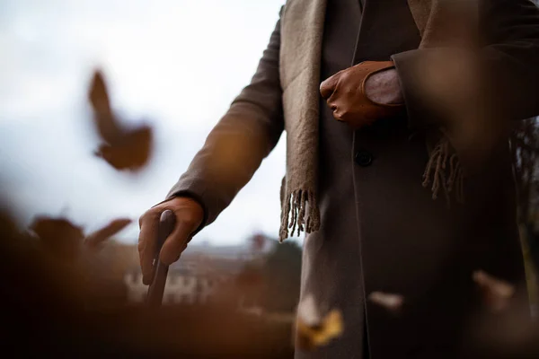 Sezione centrale di elegante mano senior mans con bastone da passeggio a piedi nel parco autunnale. — Foto Stock