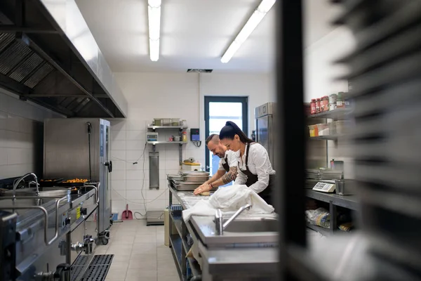 Chef and cook working on their dishes indoors in restaurant kitchen. — Stock Photo, Image