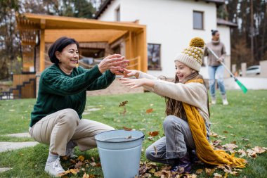Mutlu küçük kız ve büyükannesi yaprakları topluyor ve sonbaharda bahçede kovaya koyuyorlar.