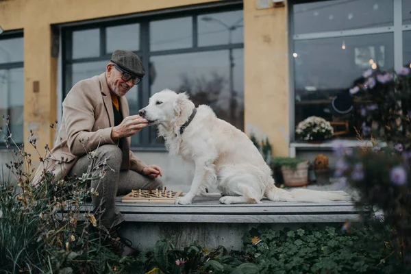Glücklicher Senior sitzt auf Bank und füttert seinen Hund im Freien in der Stadt. — Stockfoto