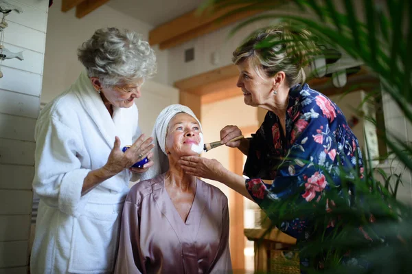 Mulheres idosas felizes amigos em roupões de banho aplicando máscara facial dentro de casa de banho, conceito de autocuidado. — Fotografia de Stock