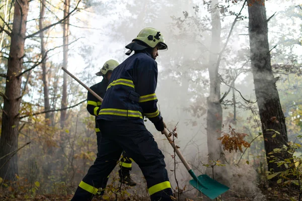 Feuerwehrmänner im Einsatz, die mit Schaufeln durch Rauch laufen, um Feuer im Wald zu stoppen. — Stockfoto