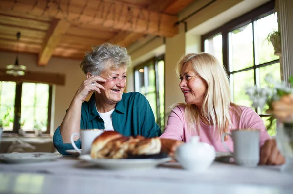 Amigos seniores felizes tomando café e bolo e conversando dentro de casa. — Fotografia de Stock