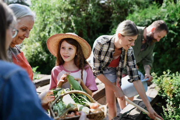 Happy farmers family working with garden tools outdoors at community farm. — Stock Photo, Image