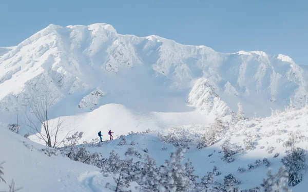 Slovakya 'daki Alçak Tatras' ta bir dağa tırmanan kayak yapan çiftin manzara görüntüsü. — Stok fotoğraf