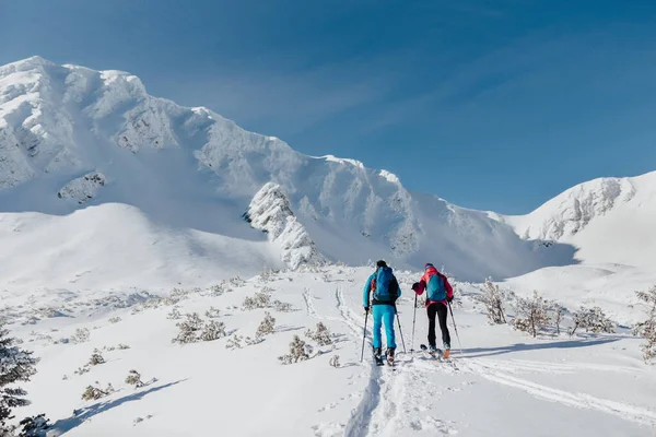 Slovakya 'daki Alçak Tatras' ta bir dağa tırmanan kayak yapan çiftin arka manzarası. — Stok fotoğraf