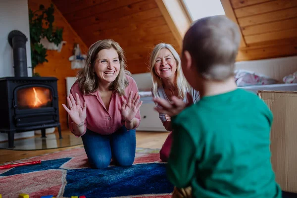 Pojke med Downs syndrom med sin mor och mormor leker hemma. — Stockfoto