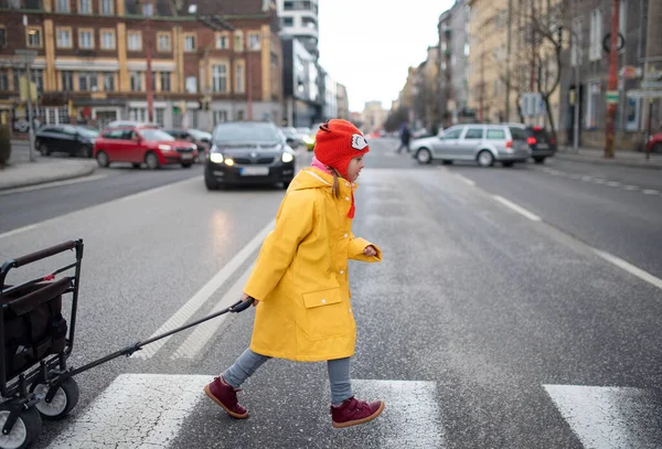 Niña con síndrome de Down cruzando la calle y tirando del carro. —  Fotos de Stock