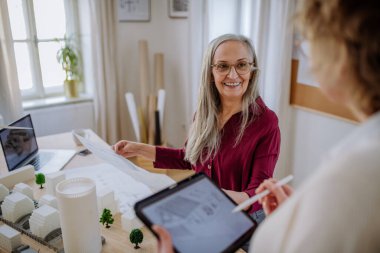 Ofiste birlikte tablet üzerinde çalışan olgun kadın ekolojik mimarlar..