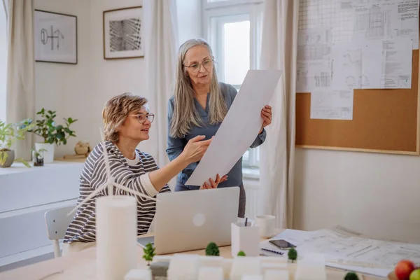 Femmes mûres éco architectes avec modèle de bâtiments modernes et des plans de travail ensemble dans le bureau. — Photo