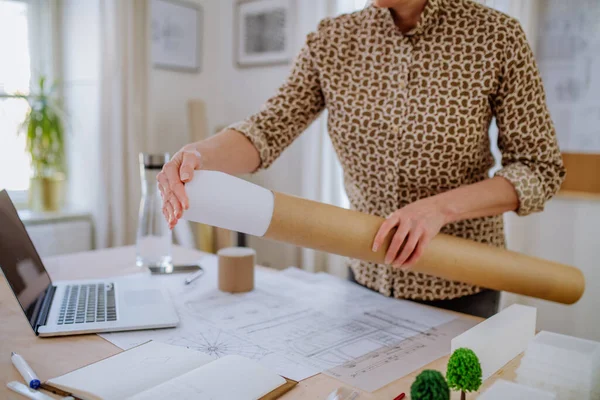 Close-up of woman architect putting rolled-up blueprints to tube in office. — Stock Photo, Image