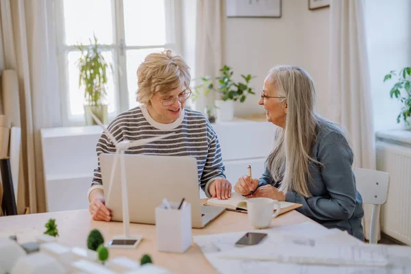 Femmes architectes éco seniors avec des plans de travail sur ordinateur portable ensemble dans le bureau. — Photo