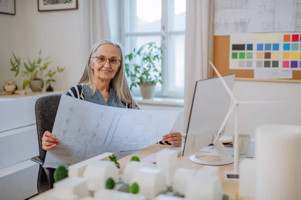Starsza kobieta eko architekt z planami pracy nad lapotp w biurze. — Zdjęcie stockowe