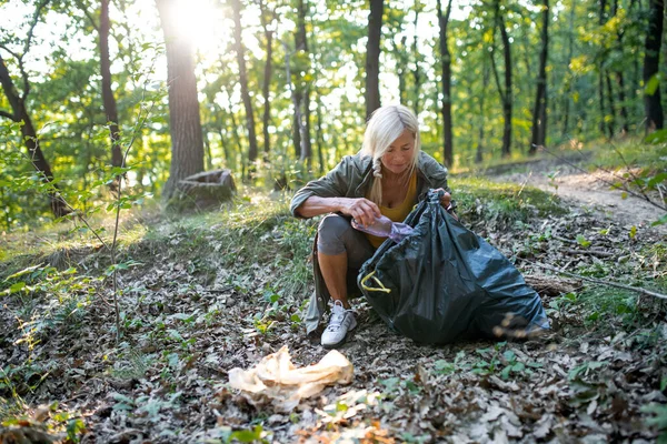 Wanita senior ekologi dengan tas sampah mengambil sampah di luar ruangan di hutan. — Stok Foto