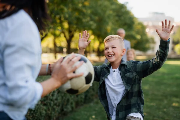 Šťastné malé děti s prarodiči hrající si s míčem venku v parku — Stock fotografie