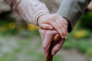 Close-up of adult daughter holding her senior fathers hand outdoors on a walk in park.