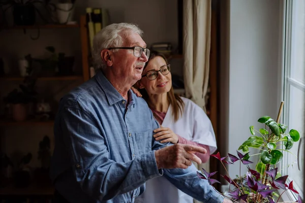 Operatore sanitario o caregiver visita uomo anziano in casa, parlando. — Foto Stock