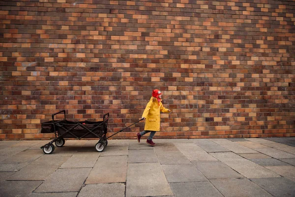 Маленькая девочка с синдромом Дауна тянет тележку к кирпичной стене на улице. — стоковое фото