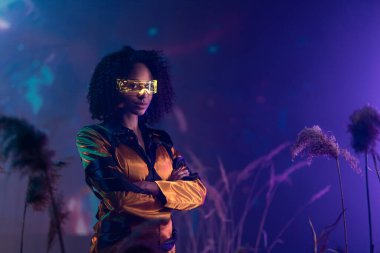Metaverse digital cyber world technology, woman with smart goggles playing augmented reality game, futuristic lifestyle