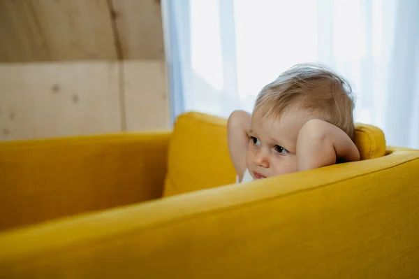 Pequeña chica curiosa sentada en el sofá y mirando hacia otro lado. —  Fotos de Stock