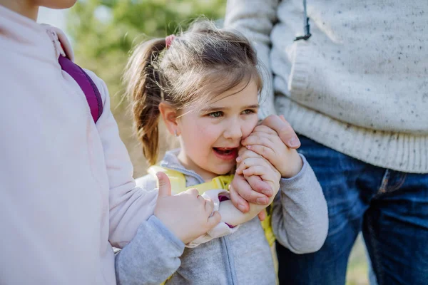 Father and little daughters hold hands on walk in nature. — Stock Photo, Image