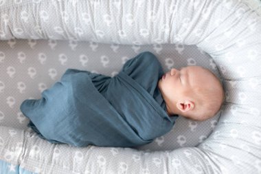 Gri bir yuvada yatan, mavi bir bezle kundaklanmış, yeni doğmuş bir erkek bebek..