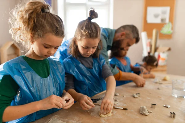 Group Little Kids Teacher Working Pottery Clay Creative Art Craft — Stock Photo, Image