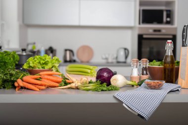 A set of variety vegetable on kitchen counter bar. Healthy eating with vegetarian concepts. clipart