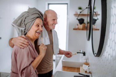 Banyoda son sınıf bir çift, diş fırçalama ve yıkama, eğlence, sabah rutini konsepti..