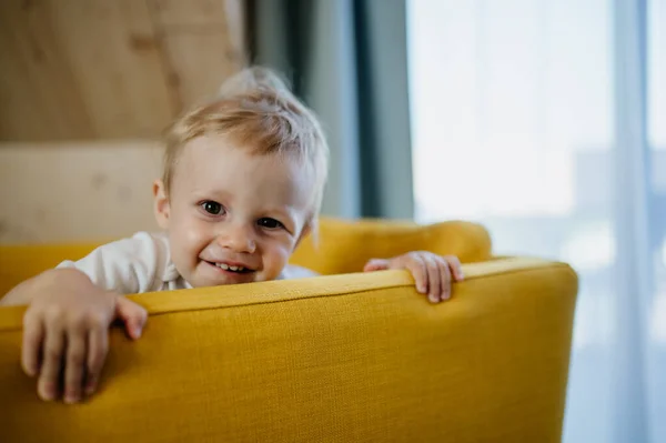 Ein Kleines Neugieriges Mädchen Sitzt Auf Dem Sofa Und Blickt — Stockfoto