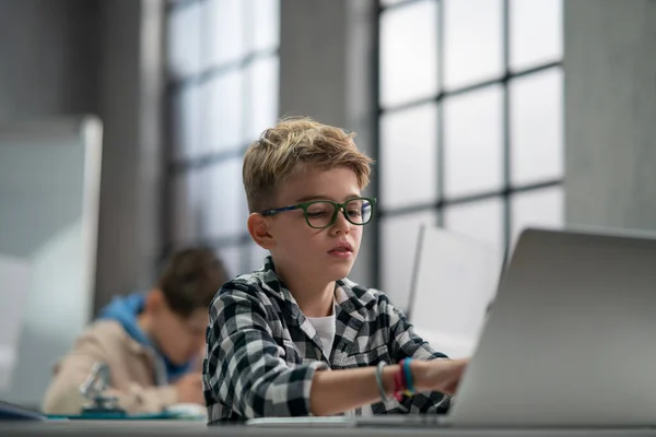Schoolboy Using Computer Classroom School — Photo