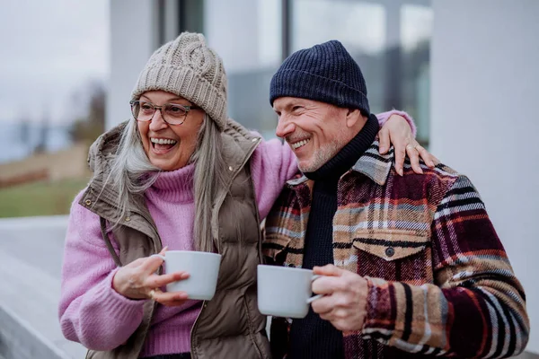 Happy Senior Couple Sitting Terrace Drinking Coffee Together — Foto de Stock