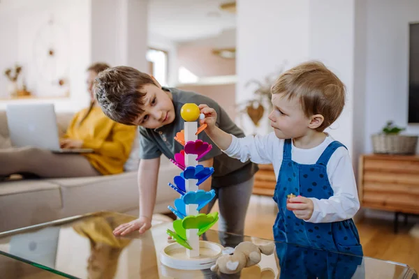 Küçük Kardeşler Montessori Ahşap Mermerle Oynuyorlar Oturma Odasında Koşuyorlar Anneleri — Stok fotoğraf