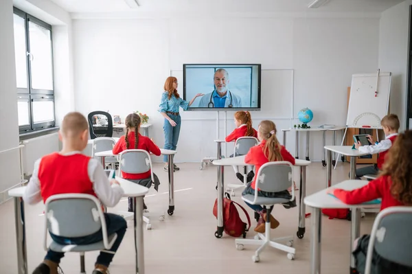 Вид Ззаду Клас Учнів Які Сидять Слухають Вчителя Поливають Онлайн — стокове фото