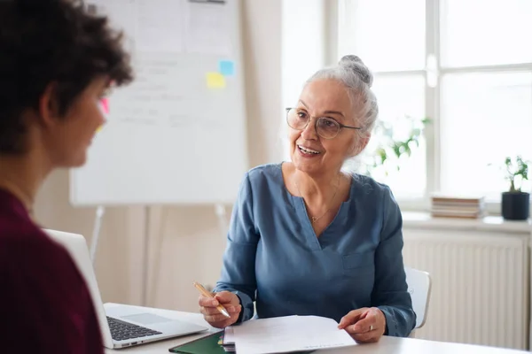 Senior Woman Recruiter Smiling Job Interview — стоковое фото