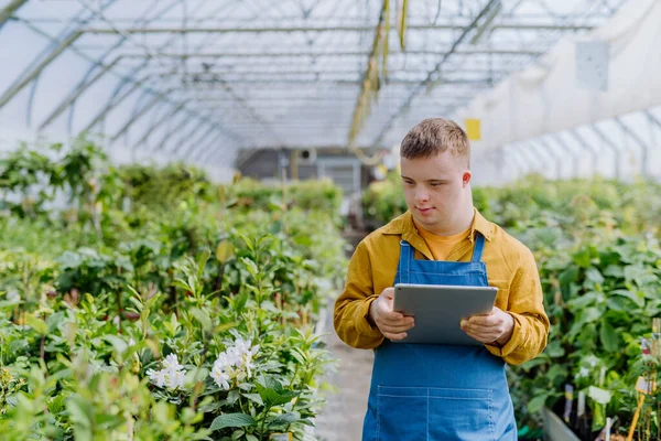 Sendromlu Genç Bir Çalışan Bahçe Merkezinde Çalışıyor Tablet Üzerinde Yazıyor — Stok fotoğraf