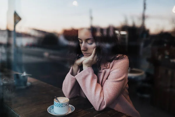Sad Pensive Young Woman Drinking Coffee Looking Out Cafe Window — Stock Photo, Image